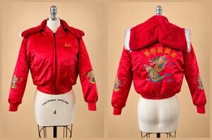 Vintage 1980s Korean Souvenir Bomber Jacket Kids 11/12 Red Satin Dragon Eric